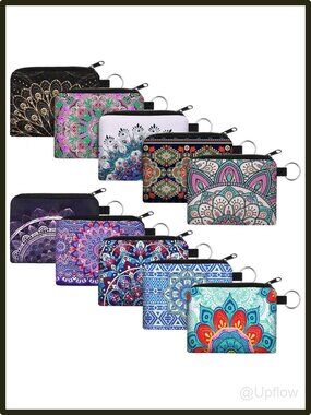Bohemian Zipper Mini Coin Purse Change Wallet Polyester Set of 10 Floral Pouch